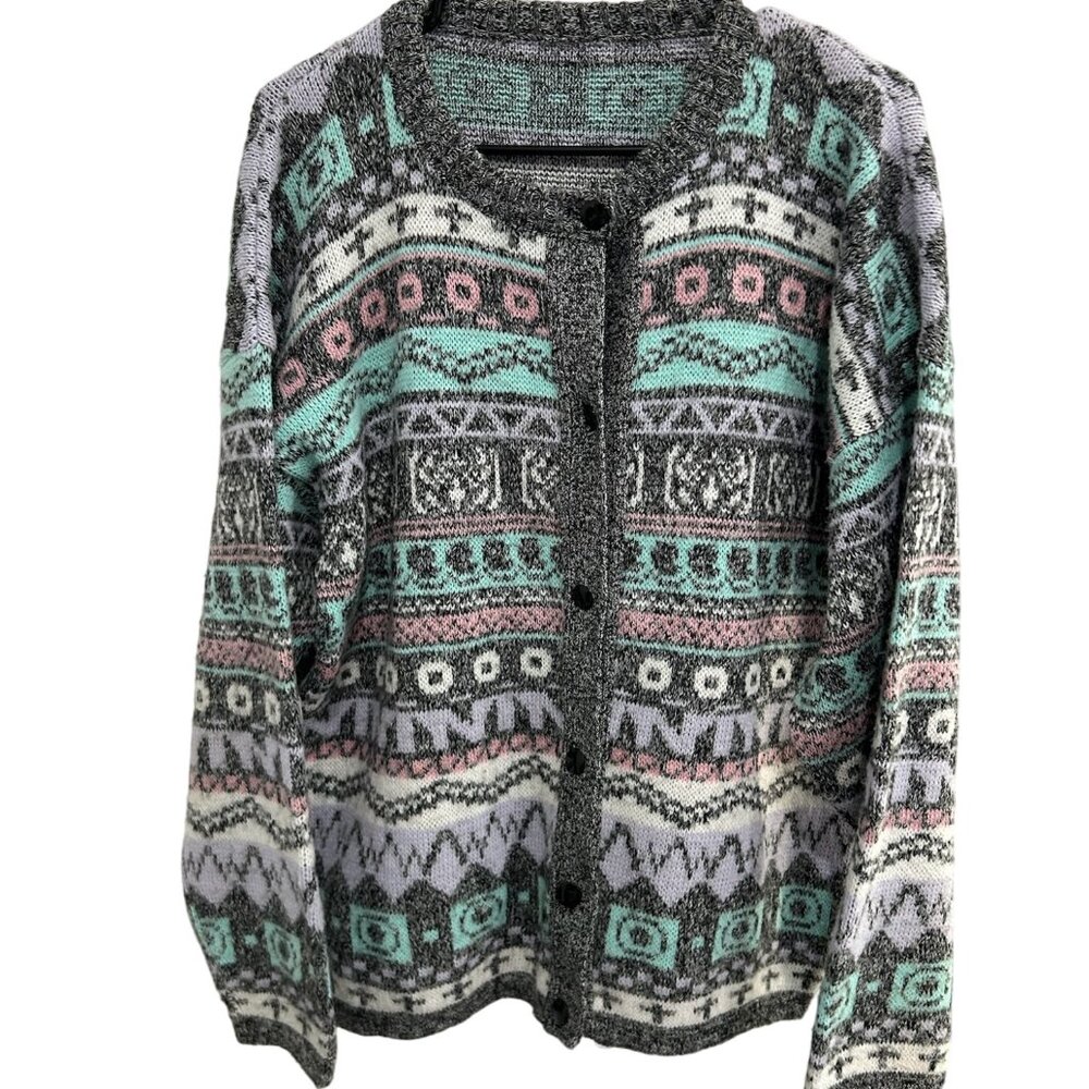 Vintage Tricots Blanctex Button-Up Cardigan Sweater Fair Isle Size L Retro